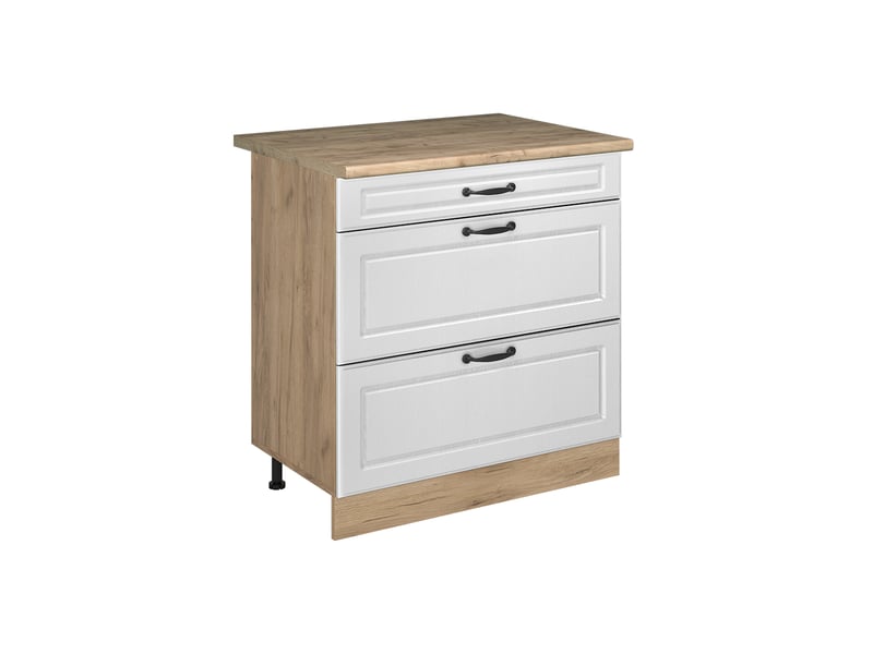  Vicco meuble cuisine, blanc campagnechêne doré, 80cm avec 3 tiroirs plan de travail chêne doré  - Conforama A
