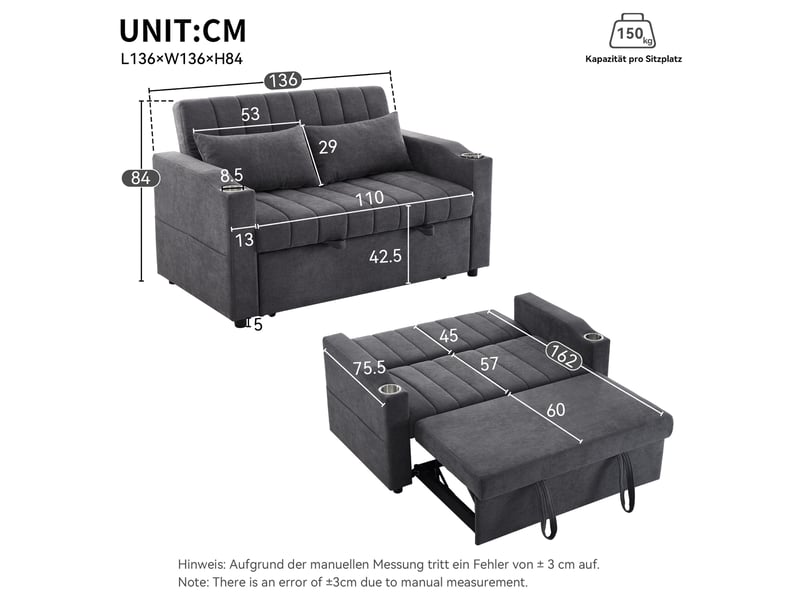 Canapé convertible 2 places avec dossier réglable 3 positions, porte-gobelets, poches latérales et 2 coussins en tissu gris 136 × 162 × 84 cm - Conforama E