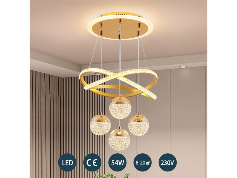  Suspension led dorée en cristal et acrylique pour table à manger – intensité variable, 4 lumières (54 w), hauteur réglable  - Conforama B