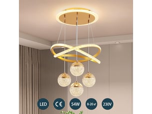 Suspension led dorée en cristal et acrylique pour table à manger – intensité variable, 4 lumières (54 w), hauteur réglable