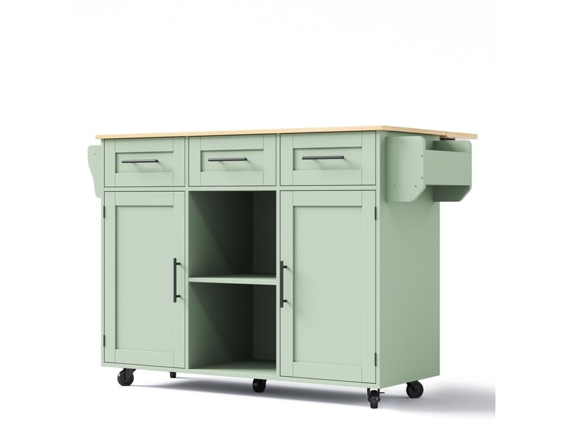 Desserte de cuisine 139x46-71x91,5 cm vert antique en mdf, plateau rabattable, roulettes et rangement - Conforama D