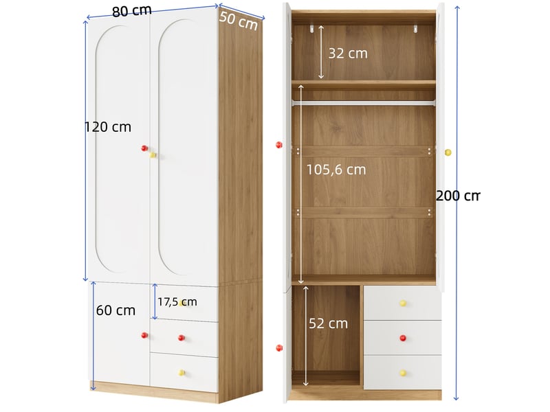  Armoire enfant 2 portes avec penderie et 3 tiroirs, blanc laqué, poignées en céramique colorées  - Conforama C