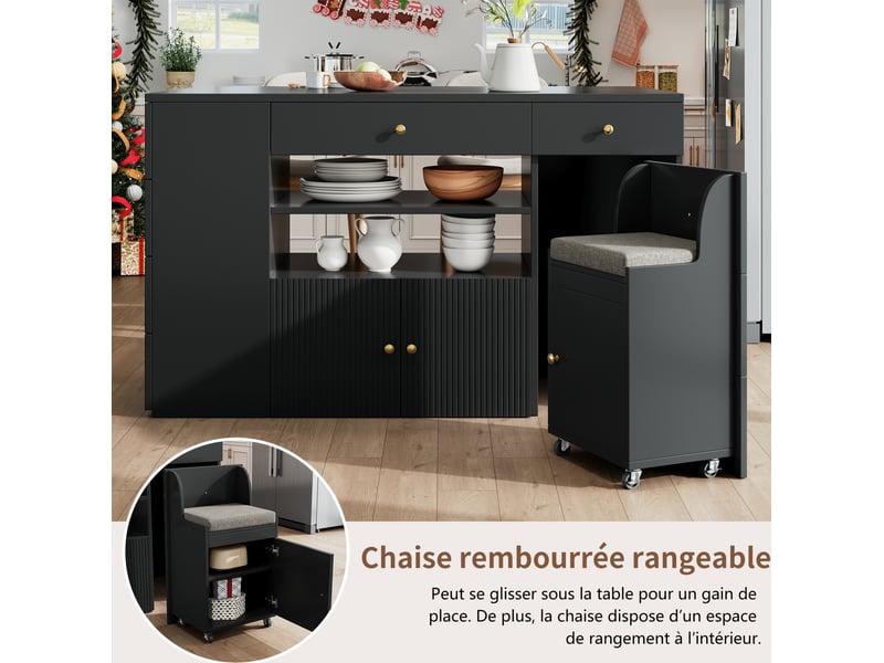  Desserte de cuisine avec 6 tiroirs, 2 niches et tabouret de rangement pour cuisine, 140 × 40 × 89 cm  - Conforama E