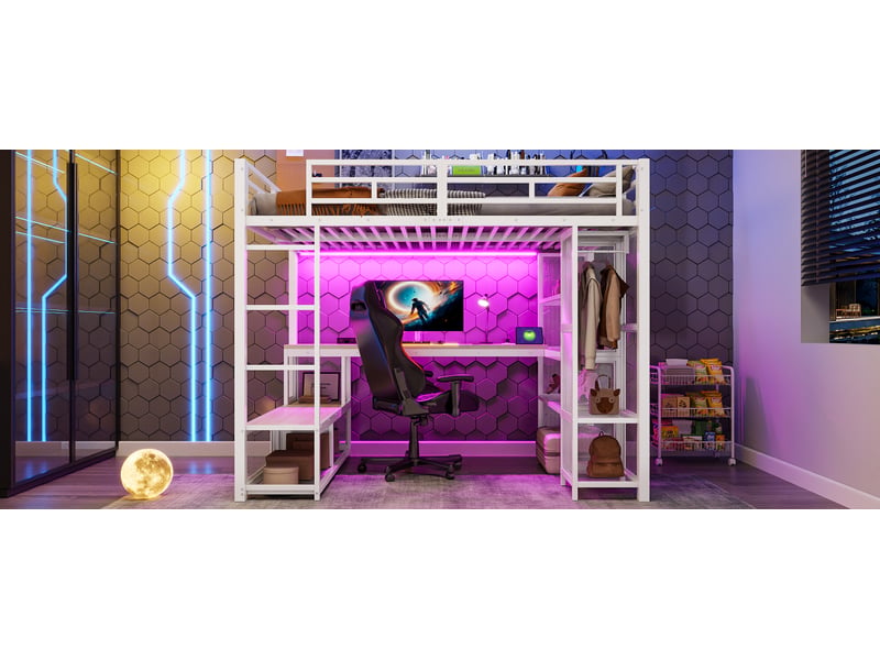  Lit mezzanine 140x200cm avec rangement armoire ouverte usb led blanc  - Conforama E