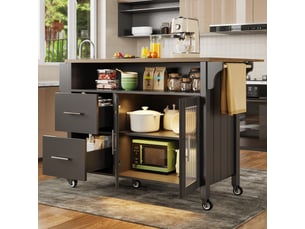 Îlot de cuisine noir avec plateau rabattable, portes en verre changhong, éclairage led intégré et porte-serviettes latéral