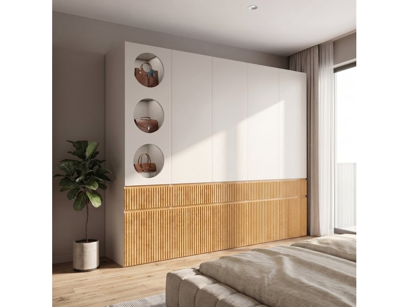  Armoire 10 portes 225x50x202 cm, 2 penderies, 3 tiroirs, mdf et panneaux de particules, chêne clair  - Conforama B
