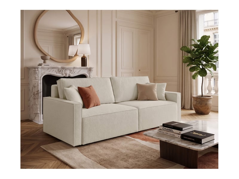  Farah - canapé droit 3 places convertible accoudoirs slim en tissu bouclettes texturées  - Conforama B