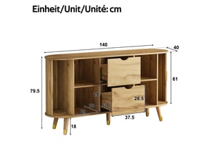 Sideboard bois clair 2 portes coulissantes 2 tiroirs buffet meuble de rangement salon mdf avec lignes verticales et pieds en bois massif