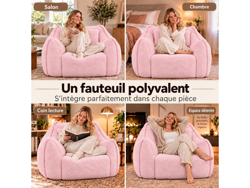  Fauteuil pouf paresseux en fausse fourrure, sans montage, rempli de mousse déchiquetée haute densité, design ergonomique,rose  - Conforama C