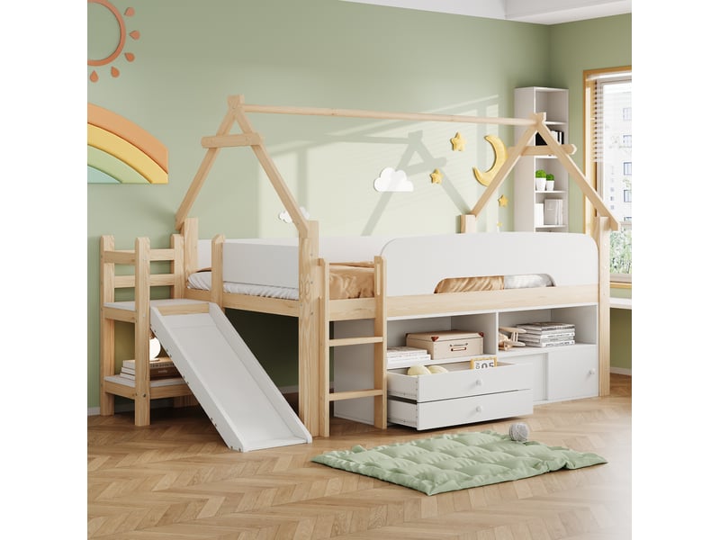  Lit mezzanine enfant 90x200 cm avec toboggan et rangements, bois et mdf  - Conforama C