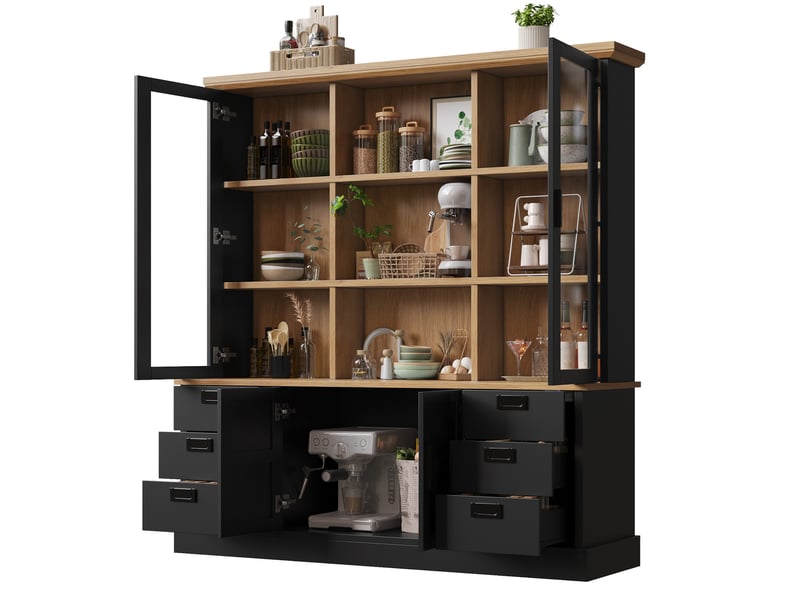  Buffet haut de cuisine 140x40x185 cm, 6 tiroirs, portes vitrées, anti-basculement, mdf, noir  - Conforama A