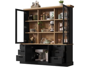Buffet haut de cuisine 140x40x185 cm, 6 tiroirs, portes vitrées, anti-basculement, mdf, noir