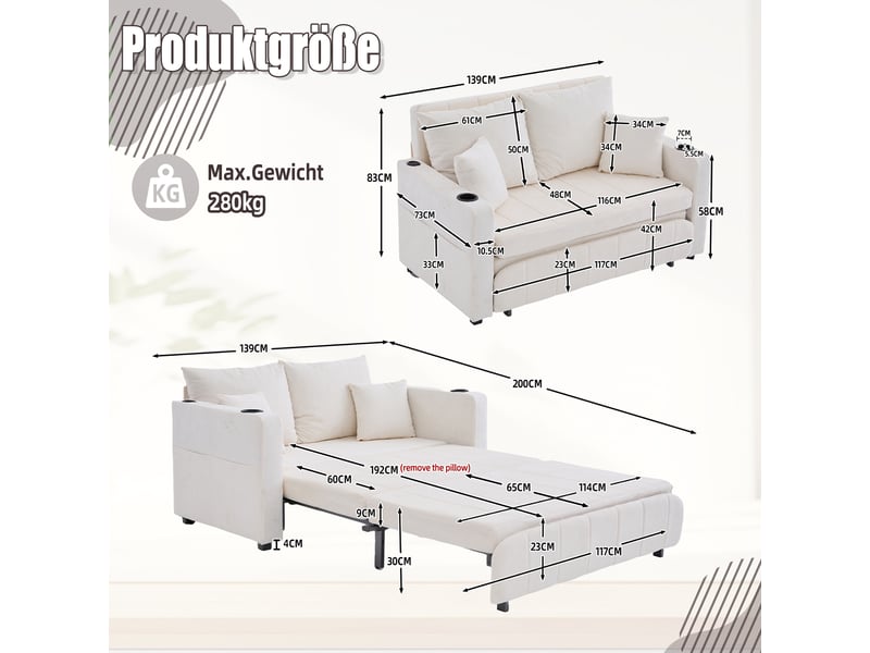  Canapé-lit 2 places convertible en tissu chenille, 4 coussins inclus, poches latérales, porte-gobelets, mousse haute densité, beige  - Conforama C