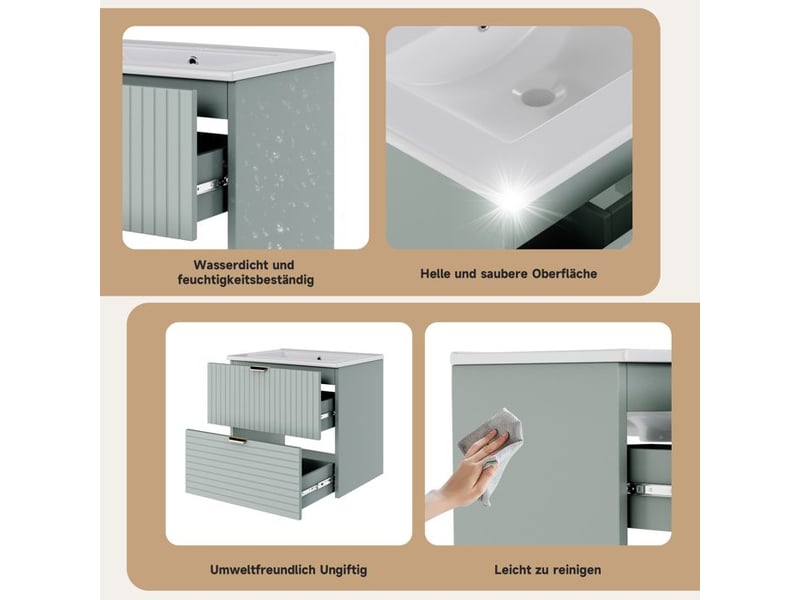  Lavabo mural avec meuble - vert menthe - mdf laqué - deux tiroirs silencieux - façades structurées 61x46x57cm - Conforama E