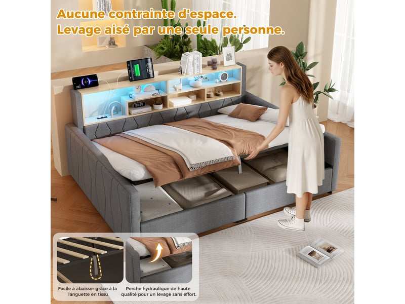  Canapé-lit coffre 140 x 200 cm - avec prise électrique - avec port usb - avec bande lumineuse led - tissu velours - gris (matelas non inclus)  - Conforama E