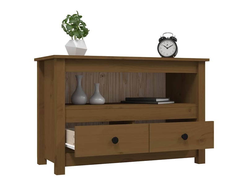  Meuble tv - banc tv - meuble de rangement marron miel 79x35x52 cm bois de pin massif  - Conforama E