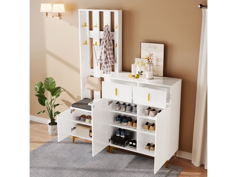  Vestiaire 60,5x35,2x180,5cm+83x35x101cm avec 2 tiroirs, 3 portes, crochets à vêtements, aggloméré, couleur blanc  - Conforama B