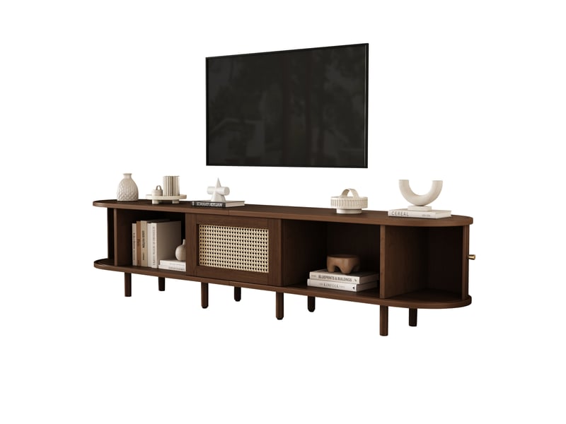  Meuble télévision bas 180x40x40 cm, marron, couleur décor rotin, 8 pieds réglables, poignées dorées, portes coulissantes, tiroir, aggloméré  - Conforama A