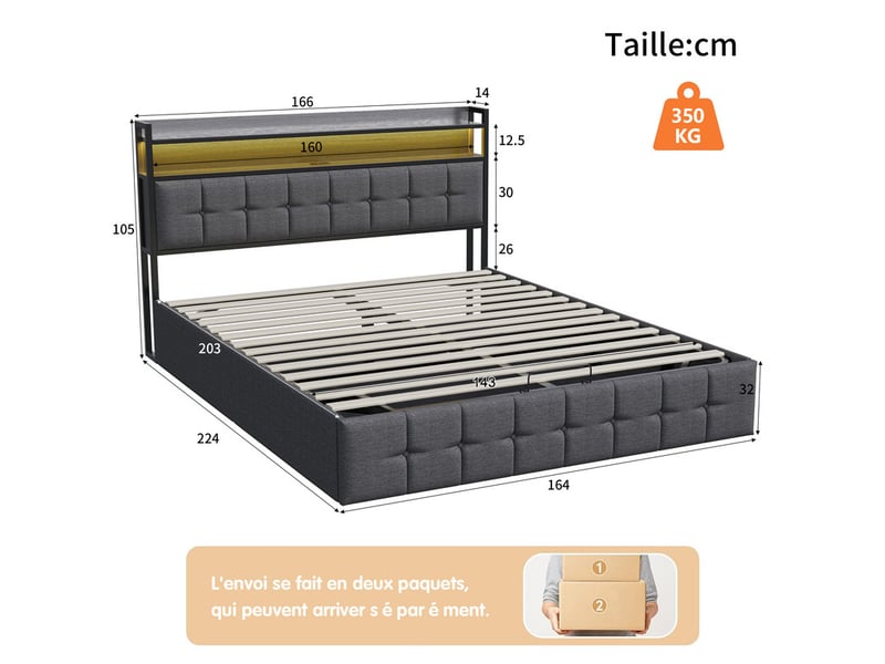  Lit coffre 2 places 140x190 cm, lit adulte avec rangement, led, port usb, tissu en fond, tête de lit, lin gris  - Conforama C