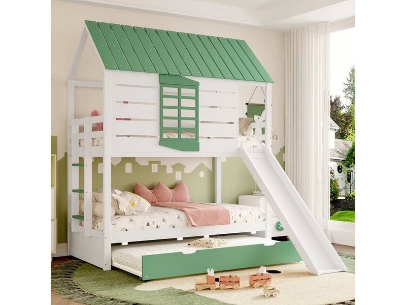  Lit superposé cabane 2 × 90 × 200 cm, toboggan et lit gigogne, blanc et vert  - Conforama D