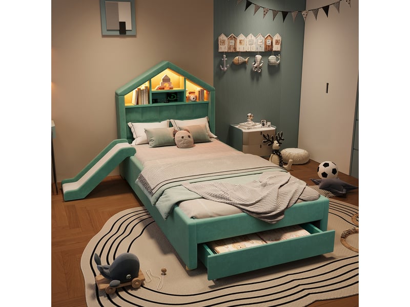  Lit mezzanine,90x200 cm,avec bureau tiroirs et étagère,bois,blanc et naturel  - Conforama D