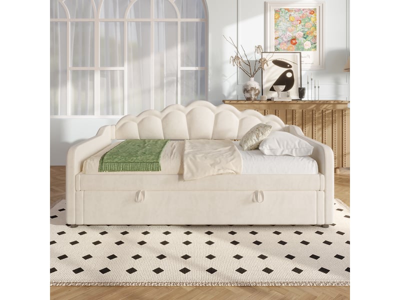  Lit banquette 90x200 cm avec rangement hydraulique et led beige  - Conforama D