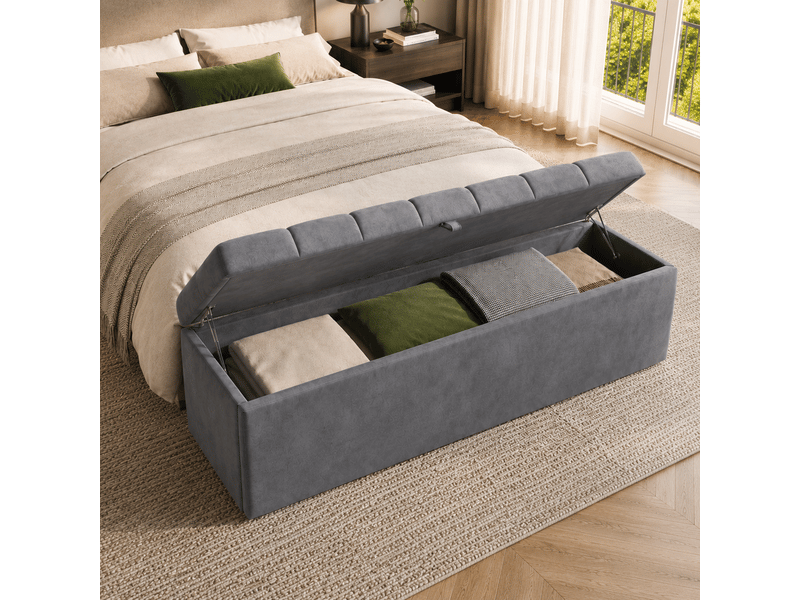  Banc de rangement velours gris, bout de lit gris avec coffre, banc capitonné 138 cm pour chambre et salon  - Conforama C