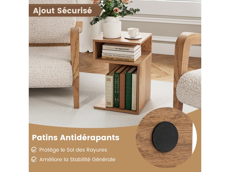 Table d'appoint en forme de s, table basse de rangement 33 x 33 x 50 cm, 3 niveaux avec compartiments ouverts et coussinets antidérapants, naturel  - Conforama C