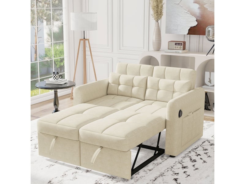  Canapé convertible 2 places 3 en 1 avec dossier réglable, fonction couchage, ports usb, poches d’accoudoirs et 2 coussins - beige  - Conforama C