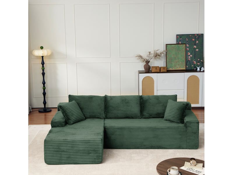 Canapé d’angle modulable 4 places en velours côtelé vert, 239x156x79 cm  - Conforama B