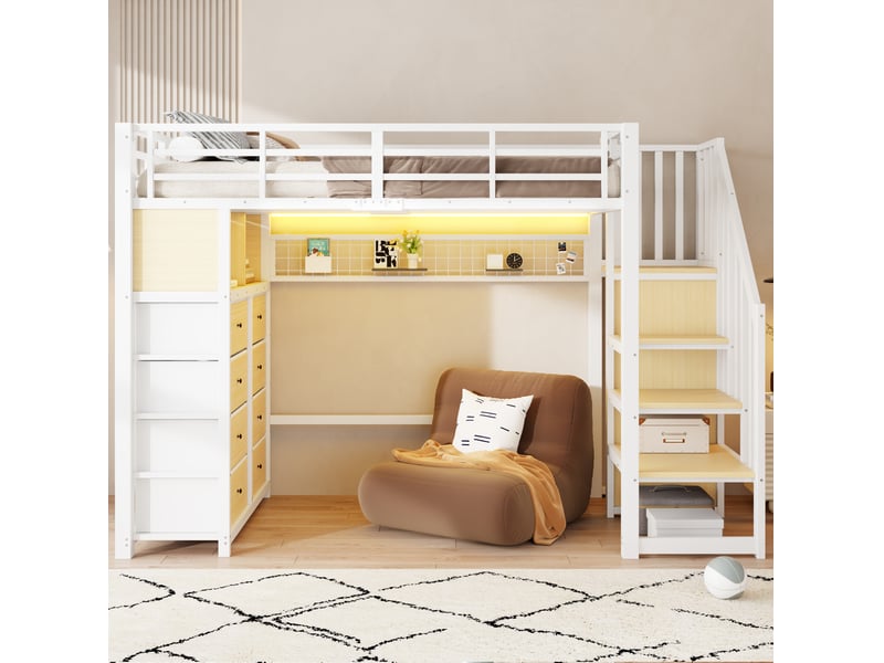 Lit mezzanine 90x200 cm en métal avec rangement et led couleur blanc  - Conforama B