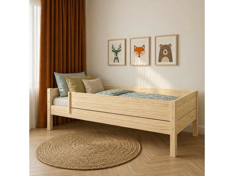  Pack lit banquette avec barrière et matelas 90x200 cm louw  bois naturel Louw - Conforama C