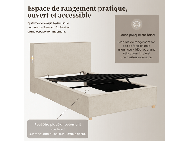  Lit rembourré, lit simple, lit enfant 90 x 200 cm, lit à réglage hydraulique, sommier à lattes, tête de lit rembourrée avec grand espace de rangement, chenille beige  - Conforama D