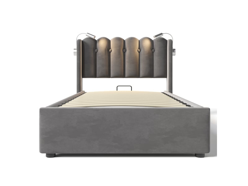  Lit coffre simple 90x200 cm avec lampe de lecture et usb, velours, gris, matelas inclus  - Conforama E