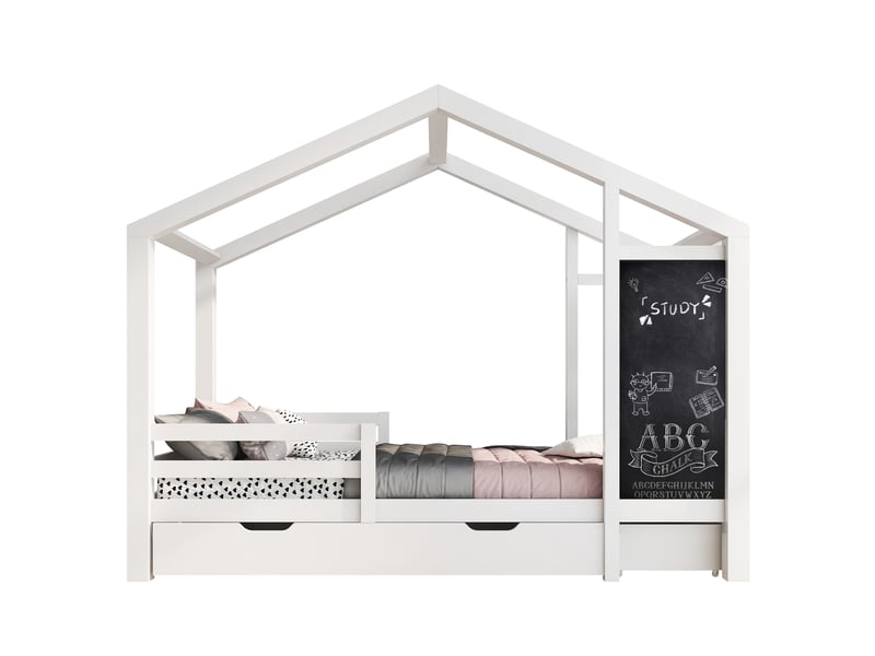  Lit cabane enfant 90x200 cm blanc - bois massif, tableau noir, 2 tiroirs de rangement  - Conforama A