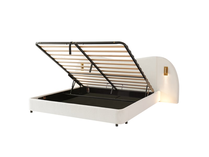  Lit double rembourré 180x200 cm avec rangement, usb, lampe de lecture et tête de lit bouclé blanc  - Conforama D