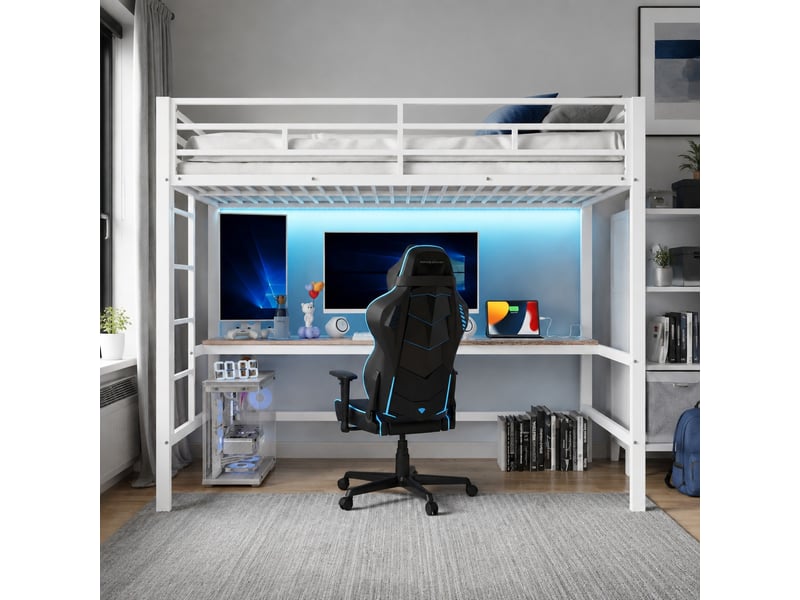 Lit mezzanine enfant 90 x 200 cm blanc avec bureau, led, prises usb et type-c - Conforama C