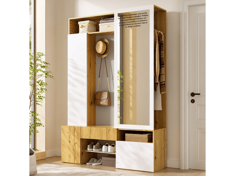  Vestiaire d'entrée avec miroir et penderie mdf blancnaturel 127x35x180.5cm  - Conforama C