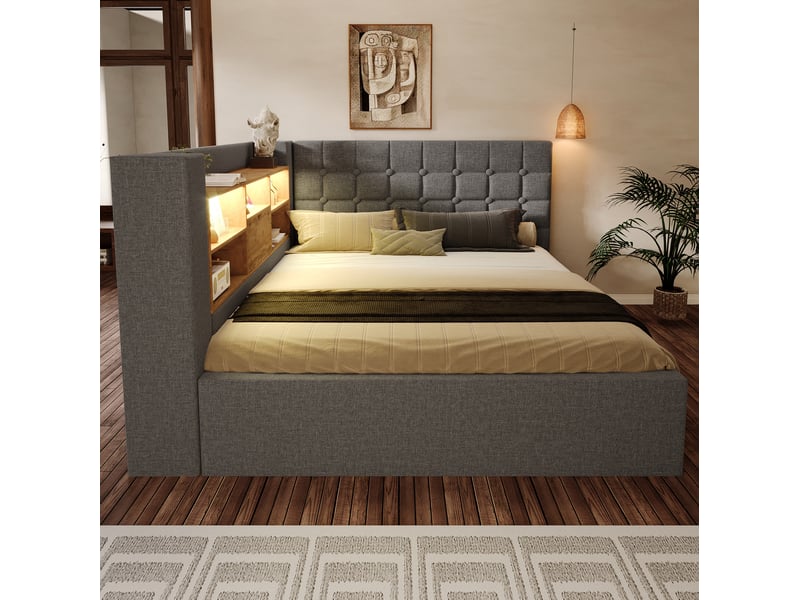  Lit double 140x190 cm avec rangement hydraulique et tête en l réversible, éclairage led, coloris lin gris, sans matelas  - Conforama B