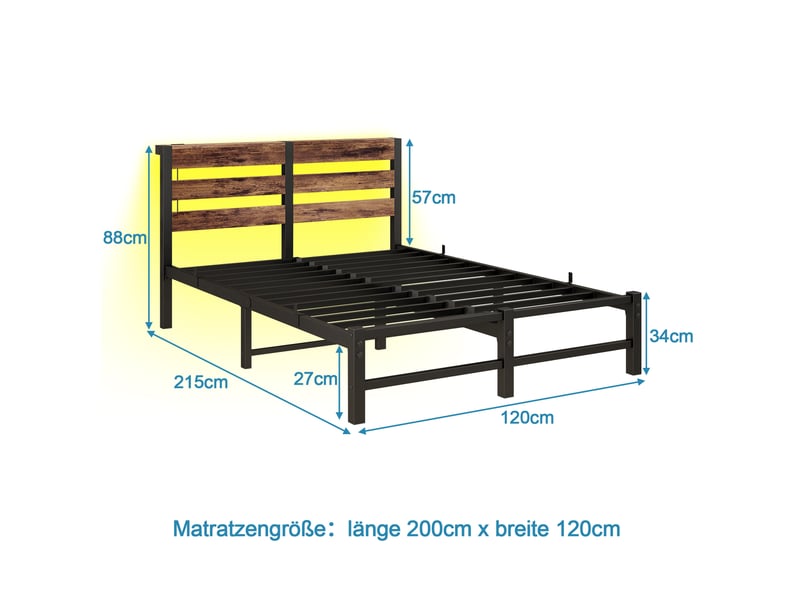  Lit cadre, 120x200 cm, led, ports usb, solution pratique, matelas non inclus, métal et bois, coloris noir et marron  - Conforama C
