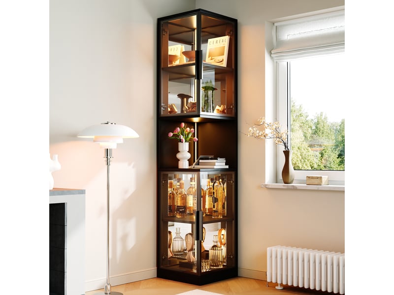 Vitrine noire avec éclairage led, meuble vitrine en verre 205 cm, portes doubles, fond miroir, étagère ouverte, pour salon - Conforama B