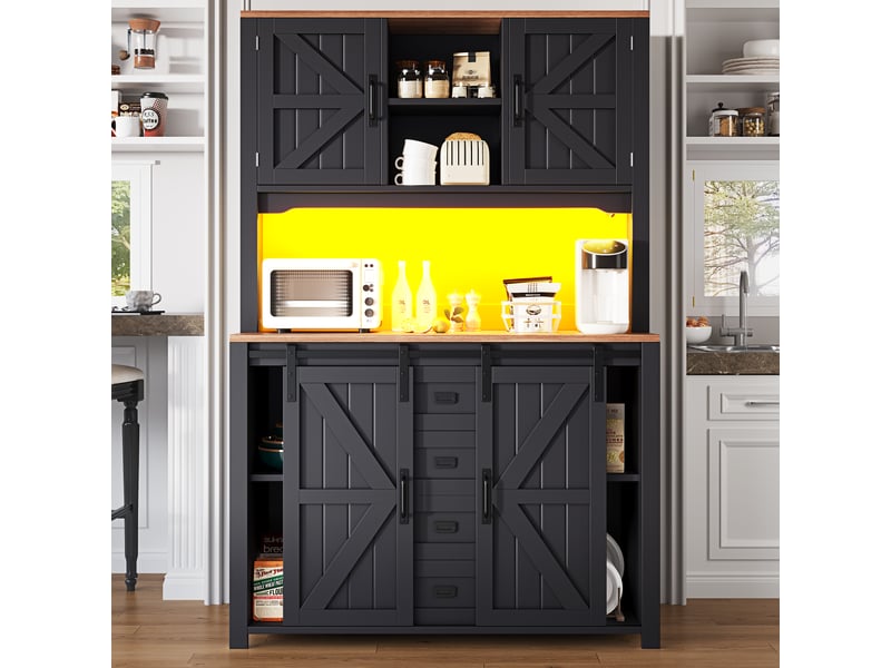 Buffet 115x40x175 cm noir et blanc avec portes coulissantes et éclairage led intégré - Conforama B