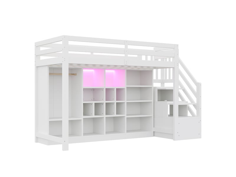  Lit mezzanine blanc 90x200 cm avec rangements intégrés : placard, étagères, échelle et led  - Conforama A