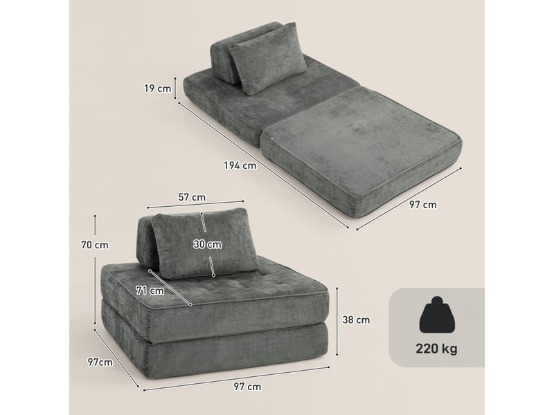 Fauteuil de sol convertible en lit, chenille grise, mousse épaisse et coussin ergonomique pour salon - Conforama C