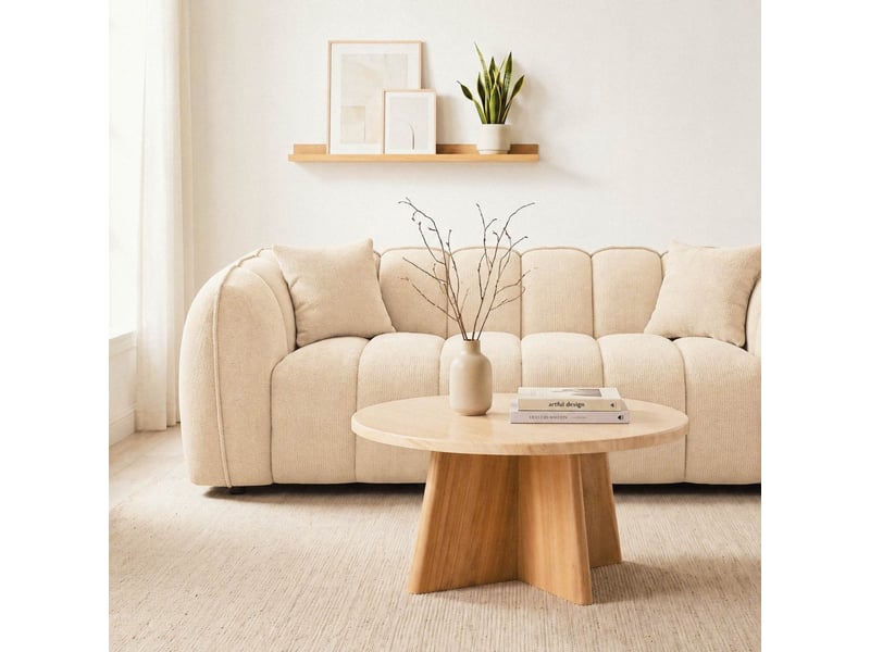  Table basse ronde décor travertin et pied décor chêne d80 cm - agate  - Conforama B