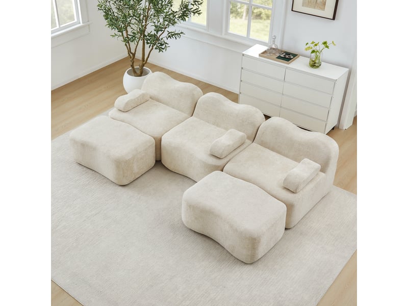  Canapé panoramique en u modulaire 3 places avec assises profondes et poufs, pour salon, en velours beige  - Conforama D