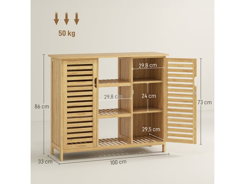  Armoire de rangement en bambou à lattes, 2 portes, étagères et compartiments ouverts, 100 x 33 x 86 cm, naturel  - Conforama D