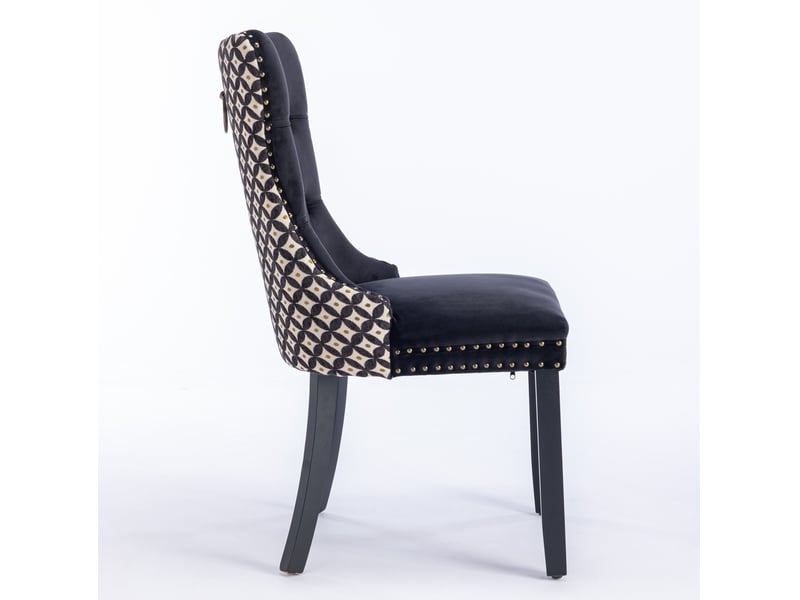  Chaise de salle à manger lot de 2 avec dossier capitonné, anneau et clous décoratifs en velours noir  - Conforama E