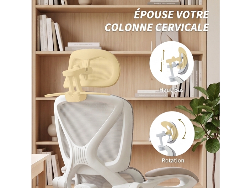  Chaise bureau ergonomique avec appui-tête réglable, fauteuil de bureau inclinable en maille, dossier séparé, gris  - Conforama R
