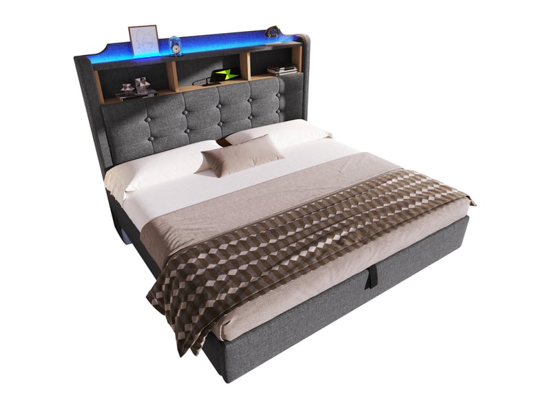  Lit capitonné, 140 × 200 cm, avec bande lumineuse led, rangement hydraulique, compartiments de rangement, design suspendu, matelas non inclus, ports usb et type-c, revêtement en lin, gris  - Conforama A